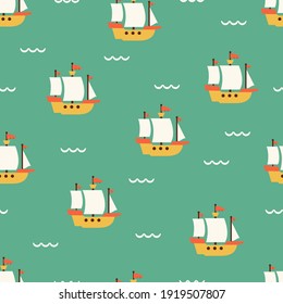 Sailing Ship and Summer Sea Vector Graphic Seamless Pattern can be use for Background and Apparel Design