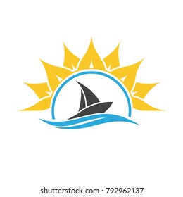 Sailing ship and sun. Sailing boat. Yacht club logo. Ship logo icon. 