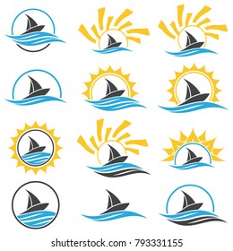 Sailing ship and sun. Sailing boat. Yacht club logo. Ship logo icon. 