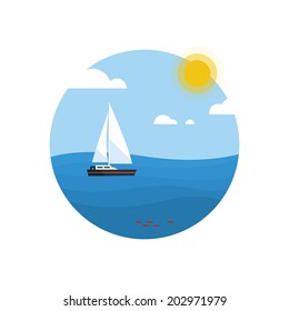 Sailing ship and sun. Icon.