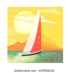 Sailing ship at sunset banner in cartoon style. Top view sail boat on deep blue sea water. Luxury yacht race, ocean sailing regatta vector. Nautical worldwide yachting or traveling.