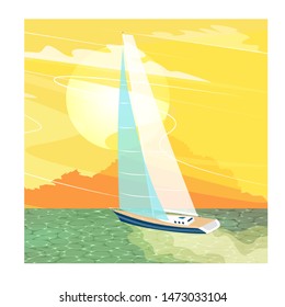 Sailing ship at sunset banner in cartoon style. Top view sail boat on deep blue sea water. Luxury yacht race, ocean sailing regatta vector. Nautical worldwide yachting or traveling.
