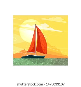 Sailing ship at sunset banner in cartoon style. Top view sail boat on deep blue sea water. Luxury yacht race, ocean sailing regatta vector. Nautical worldwide yachting or traveling.