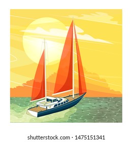 Segelschiff bei Sonnenuntergang Banner im Cartoon-Stil. Segelboot mit Draufsicht auf tiefblauem Wasser. Luxuriöses Yachtrennen, Segel Regatta Vektor. Nautische Weltyacht oder Reisen.