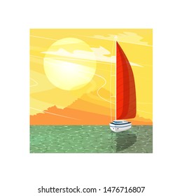 Sailing ship at sunset banner in cartoon style. Top view sail boat on deep blue sea water. Luxury yacht race, ocean sailing regatta vector. Nautical worldwide yachting or traveling.