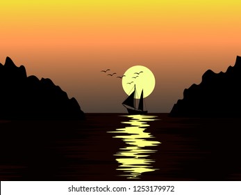 sailing ship in sunset silhouette vector background