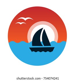 Sailing ship sunset. Vector icon.