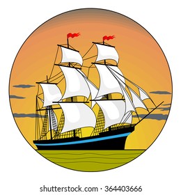 Sailing ship in the sunset. Vector illustration in a circle