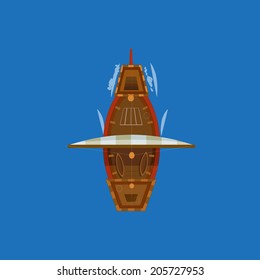 Sailing Ship Top View. Vector Design For App Game User Interface