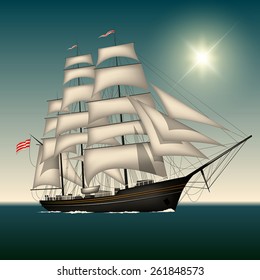 Sailing ship under full sail on the sea. Vector illustration