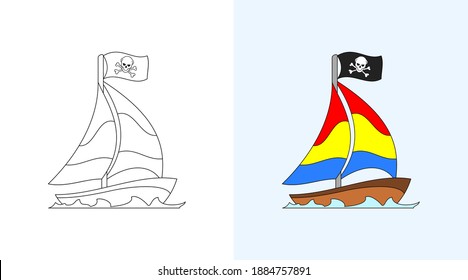 sailing ship vector, coloring book or page, education for kids, vector illustration.