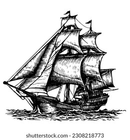 Sailing ship vector illustration. Hand drawn vintage sailing ship in engraving style. The Illustration a great suitable for sail application activities. Sailing ship in the sea