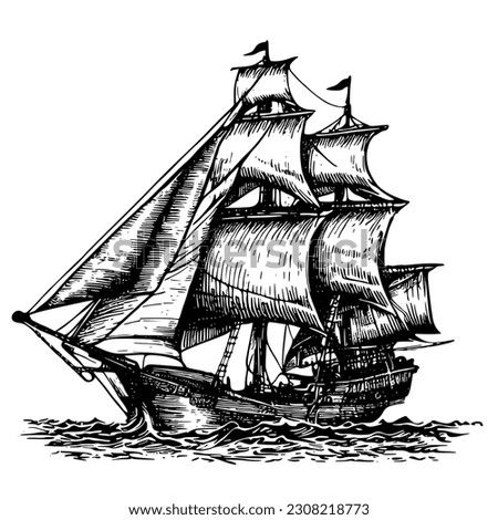 Sailing ship vector illustration. Hand drawn vintage sailing ship in engraving style. The Illustration a great suitable for sail application activities. Sailing ship in the sea