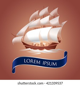 Sailing ship. vector illustration of old Sailing ship with blue ribbon on brown background.