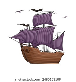 Sailing ship, vector illustrations, cartoon style