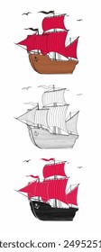 Sailing ship, vector illustrations, cartoon style