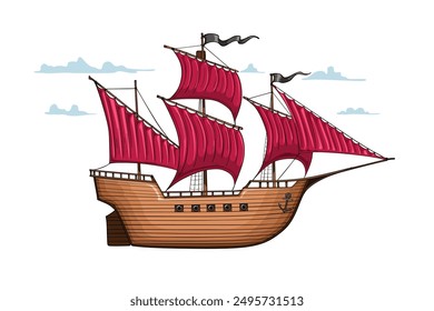 Sailing ship, vector illustrations, cartoon style