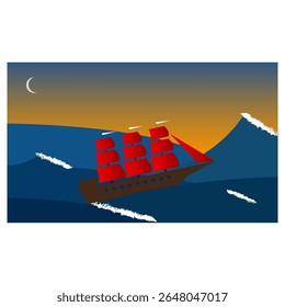 Sailing ship vector. Red sail boat. Ocean sunset background. Night travel scene. EPS 10.