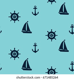 sailing ship. Vector seamless pattern on a gray background. Marine theme.