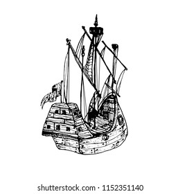 Sailing ship in vector. Travel, distant new countries. Journey through the ocean, the sea. The discovery of new lands.