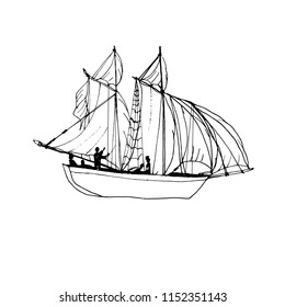 Sailing ship in vector. Travel, distant new countries. Journey through the ocean, the sea. The discovery of new lands.