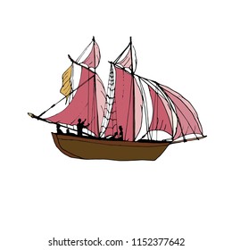 Sailing ship in vector. Travel, distant new countries. Journey through the ocean, the sea. The discovery of new lands.