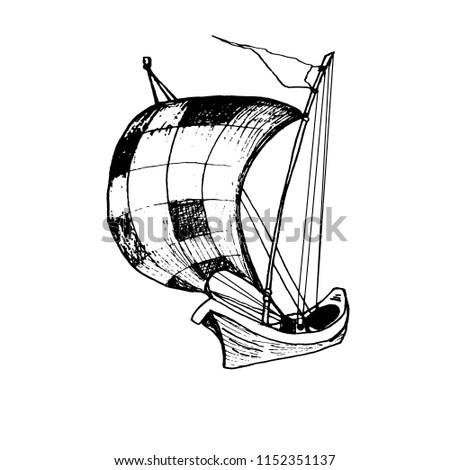 Sailing ship in vector. Travel, distant new countries. Journey through the ocean, the sea. The discovery of new lands.