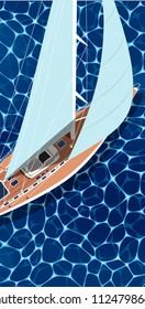 Sailing ship vertical flyer with space for text. Top view sail boat on deep blue sea water. Luxury yacht race, ocean sailing regatta vector. Nautical worldwide yachting or traveling. Yachting sport