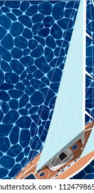 Sailing ship vertical flyer with space for text. Top view sail boat on deep blue sea water. Luxury yacht race, ocean sailing regatta vector. Nautical worldwide yachting or traveling. Yacht sailing