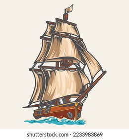 Sailing ship vintage colorful logotype front view of nautical wooden vessel crossing ocean for commercial or military purposes vector illustration