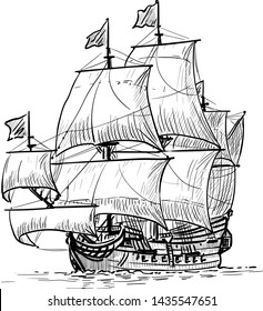 Sailing Ship Vintage Frigate On The Waves. Hand Drawn Vector Illustration. Hand Sketch. Illustration.