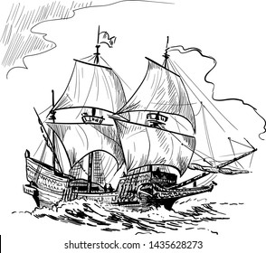 Sailing Ship vintage frigate on the waves. Hand drawn vector illustration. Hand sketch. Illustration.