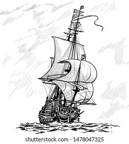 Sailing Ship vintage frigate on the waves. Hand drawn vector illustration. Hand sketch. Illustration.