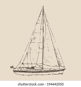 Sailing ship, vintage illustration, engraved retro style, hand drawn, sketch
