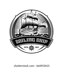 Sailing Ship Vintage Illustration On Logo Badge