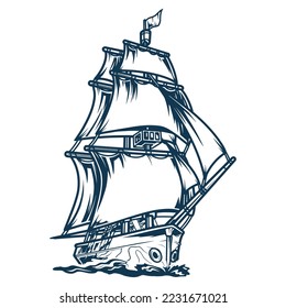 Sailing ship vintage monochrome sticker sea vessel for medieval travelers and discoverers of new continents isolated vector illustration