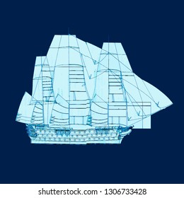 Sailing ship. Vintage sailing ship on a blue background. Watercolor. Vector illustration.