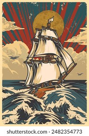 Sailing ship vintage poster colorful with medieval sea vessel overcoming stormy ocean in search of desert island vector illustration