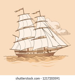 Sailing ship in vintage style. Vector illustration on beige background
