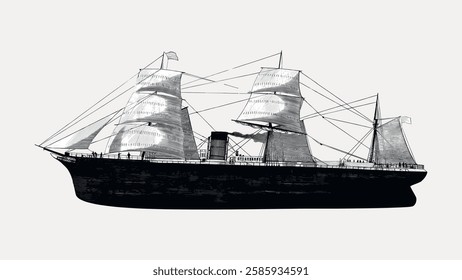 Sailing ship, vintage vehicle illustration  isolated on white, vector. 