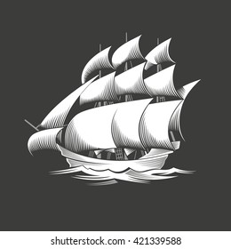 Sailing ship. Vintage vessel. White silhouette on black background. Vector