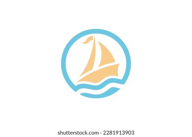sailing ship and wave flat logo design