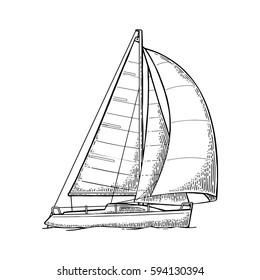 Sailing ship with wave isolated on white background. Vector vintage black engraving illustration. Hand drawn in a graphic style. For yacht club.