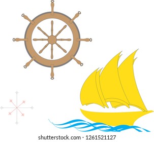 Sailing ship, wave, ship rudder and compass. Vector.