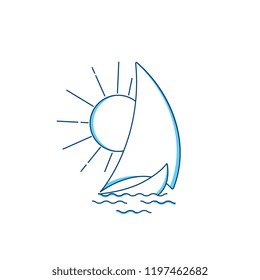 Sailing ship in the waves against the rising sun. Vector icon in line art style. Travel, transportation logo. Water sports concept