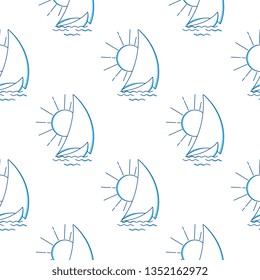 Sailing ship in the waves against the rising sun seamless pattern. Vector icon in line art style. Travel, transportation