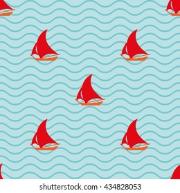 Sailing ship with waves geometric seamless pattern. Fashion graphic. Background design. Modern stylish  texture. Template for prints, textile, wrapping and decoration, wallpaper. Vector illustration.