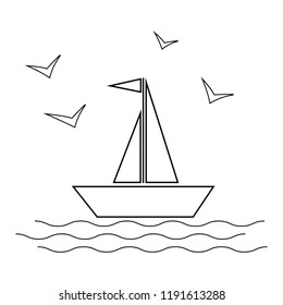 sailing ship with waves and gulls icon vector illustration on white background.