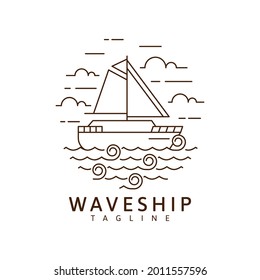Sailing ship and waves illustration monoline or line art style, sea, sky clouds, sailing boat, waves, vector design illustration