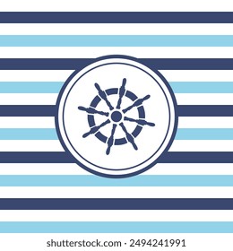 Sailing ship wheel on navy white and blue background